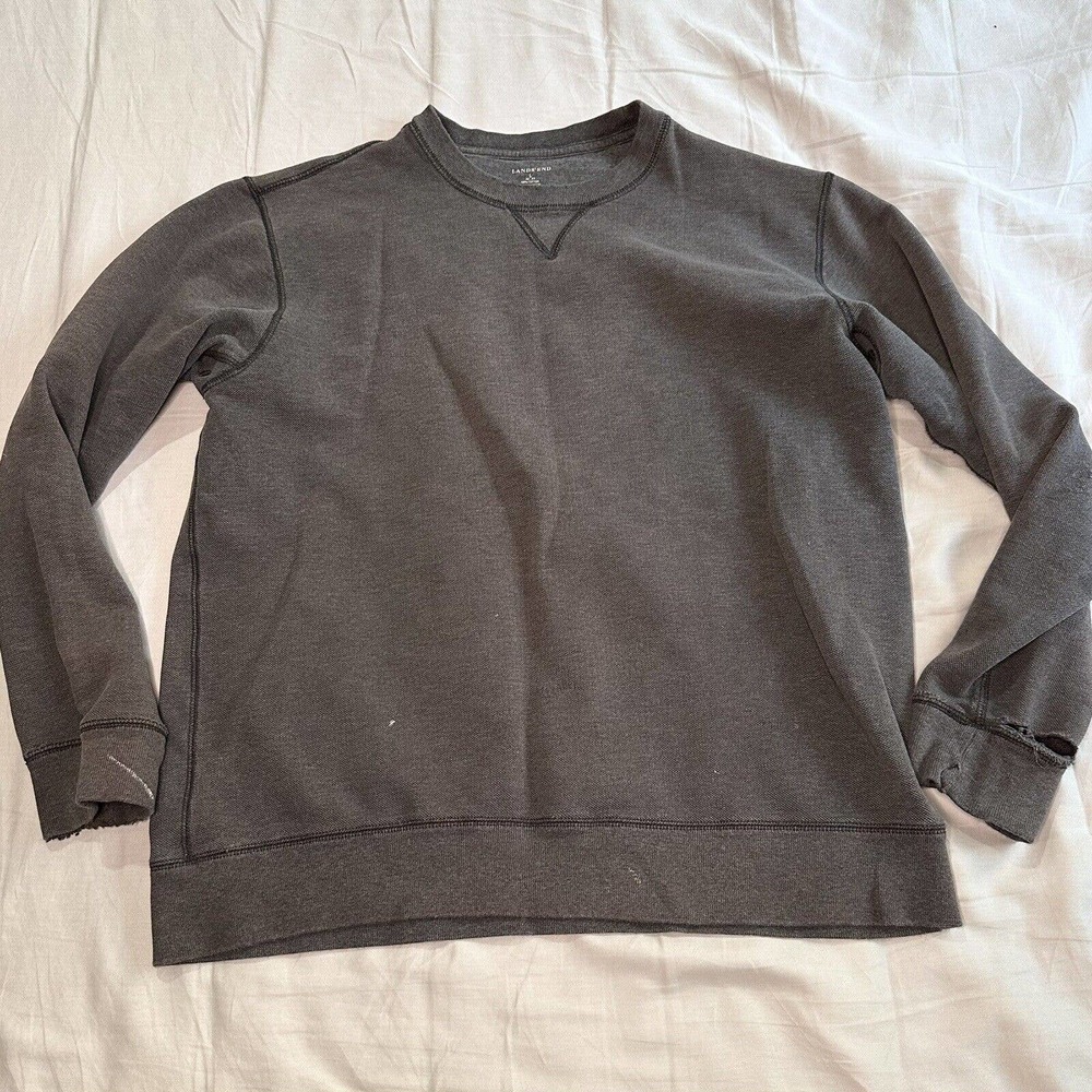 Lands End Sweatshirt Crew Neck Gray Men’s L Long Sleeve Distressed Fleece
